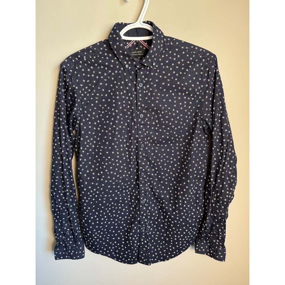 Zara Mens Navy Floral Slim Fit Button Down Shirt Size S Preppy Modern Trendy